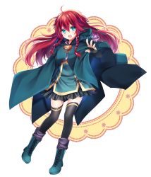 Rule 34 | 1girl, :d, absurdres, ahoge, black skirt, black thighhighs, blue eyes, blue footwear, boots, braid, cape, chain, floating hair, full body, hair between eyes, highres, long hair, looking at viewer, miniskirt, open mouth, original, pleated skirt, red hair, sasucchi95, skirt, smile, solo, thighhighs, transparent background, twin braids, zettai ryouiki