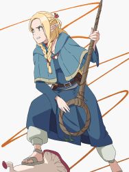Rule 34 | 1girl, absurdres, blonde hair, blue capelet, blue robe, bow, braid, capelet, daidaiyaoyao, dungeon meshi, elf, green eyes, highres, looking to the side, marcille donato, multiple braids, pointy ears, red bow, robe, sandals, white background