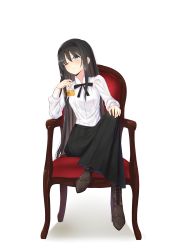 Rule 34 | 1girl, absurdres, armchair, black hair, black hairband, black skirt, blue eyes, blush, boots, brown footwear, chair, commentary request, cross-laced footwear, cup, drink, drinking glass, hairband, highres, holding, holding cup, holding drinking glass, i.f.s.f, ice, ice cube, lace-up boots, crossed legs, long hair, long skirt, long sleeves, one eye closed, parted lips, pleated skirt, shirt, simple background, sitting, skirt, solo, tohno akiha, tsukihime, very long hair, white background, white shirt