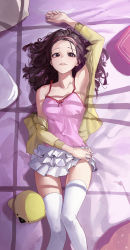 Rule 34 | 1girl, absurdres, arm up, brown eyes, brown hair, camisole, cardigan, collarbone, commentary, english commentary, feet out of frame, frilled skirt, frills, from above, hairband, highres, knees together feet apart, long hair, looking at viewer, lying, mac star, monogatari (series), on back, open cardigan, open clothes, parted lips, pillow, pink camisole, pink hairband, sengoku nadeko, skirt, solo, thighhighs, white skirt, white thighhighs, yellow cardigan
