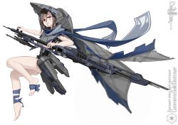 Rule 34 | 1girl, absurdres, animification, artist name, bandages, barefoot, brown hair, cape, character name, commerce guild destroyer, facial mark, full body, grey background, gun, hat, helmet, highres, mecha musume, personification, red eyes, rifle, star wars, transparent background, vectorek, weapon