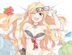 Rule 34 | 1girl, :d, bad id, bad pixiv id, bare arms, bikini, bikini skirt, bikini top only, black bikini, blonde hair, blue eyes, blue feathers, blush, breasts, cleavage, collarbone, commentary request, unworn eyewear, feathers, flower, glasses, hair between eyes, hair ornament, happy, highres, holding, holding removed eyewear, idolmaster, idolmaster cinderella girls, jewelry, large breasts, long hair, looking at viewer, lying, nabu (xday), navel, necklace, ohtsuki yui, on back, one eye closed, open mouth, red flower, skirt, smile, solo, swimsuit, upper body, wavy hair, yellow skirt