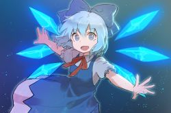 Rule 34 | 1girl, :d, bad id, bad twitter id, blue eyes, blue hair, bow, cirno, dress, fairy, g.t, glowing, gradient background, hair bow, hair ornament, ice, ice wings, looking at viewer, matching hair/eyes, open mouth, outstretched arms, puffy sleeves, short hair, short sleeves, simple background, smile, solo, spread arms, touhou, vest, wings