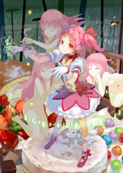 Rule 34 | 10s, 1girl, 77gl, :3, bow, cake, candy, chocolate, choker, dress, food, frills, fruit, gem, gloves, groin, hair bow, kaname madoka, kneehighs, kneeling, kyubey, mahou shoujo madoka magica, mahou shoujo madoka magica (anime), mary janes, multiple persona, nude, pink eyes, pink hair, puffy sleeves, ribbon, shoes, short hair, short twintails, socks, strawberry, twintails, white socks