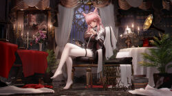 Rule 34 | 1girl, absurdres, alcohol, animal ears, arknights, book, breasts, candle, candlestand, chair, cleavage, crossed legs, cup, drinking glass, flower, hairband, highres, holding, holding notebook, lamp, ling dianxia, long hair, looking at viewer, medium breasts, notebook, open book, pantyhose, parted lips, phonograph, pink eyes, pink hair, plant, portrait (object), potted plant, pozyomka (arknights), pozyomka (snowy plains in words) (arknights), sitting, solo, table, typewriter, white pantyhose, wine, wine glass