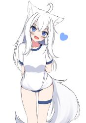 Rule 34 | 1girl, :d, absurdres, ahoge, animal ear fluff, animal ears, arm behind back, blue buruma, blue eyes, blush, breasts, buruma, collarbone, commentary, fox ears, fox girl, fox tail, gym shirt, gym uniform, hair between eyes, head tilt, heart, highres, kuronagi (mitora uwu), long hair, looking at viewer, open mouth, original, puffy short sleeves, puffy sleeves, shirt, short sleeves, simple background, skindentation, small breasts, smile, solo, symbol-only commentary, tail, thigh strap, very long hair, white background, white hair, white shirt