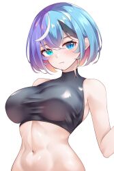 Rule 34 | 1girl, abs, absurdres, amepon, bare shoulders, blue eyes, blue hair, blush, breasts, closed mouth, colored inner hair, crop top, expressionless, fang, highres, large breasts, multicolored hair, navel, original, pink hair, short hair, simple background, sleeveless, solo, stomach, streaked hair, white background, white hair