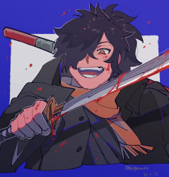 Rule 34 | 1boy, black hair, blood, blood on clothes, blood on face, bloody weapon, dated, fate/grand order, fate (series), hair over one eye, highres, holding, holding sword, holding weapon, japanese clothes, katana, kimono, koha-ace, long hair, long sleeves, looking at viewer, male focus, moime, okada izou (fate), open mouth, orange scarf, ponytail, scarf, sheath, smile, solo, sword, twitter username, upper body, weapon, yellow eyes