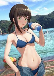 Rule 34 | 1girl, bare arms, bare shoulders, bikini, black hair, blue bikini, blue shorts, blush, bottle, breasts, cleavage, collarbone, commentary, day, fubuki (kancolle), green eyes, grey shorts, groin, highres, holding, holding bottle, ichikawa feesu, kantai collection, looking at viewer, low ponytail, medium breasts, medium hair, navel, ocean, open fly, open mouth, photo background, ponytail, short ponytail, short shorts, shorts, sidelocks, solo, swimsuit