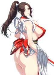 Rule 34 | 1girl, arm guards, ass, back, bare legs, bare shoulders, breasts, brown eyes, brown hair, closed mouth, covered erect nipples, fatal fury, female focus, folding fan, halterneck, hand fan, high ponytail, highleg, highleg leotard, highres, holding, holding fan, huge ass, large breasts, leotard, long hair, looking at viewer, matching hair/eyes, ninja, pelvic curtain, ponytail, revealing clothes, reverse cowgirl position, rope, sex from behind, shiny skin, shiranui mai, sideboob, sidelocks, smile, solo, straddling, the king of fighters, thong, very long hair, white background, zucchini