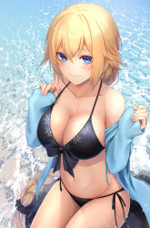 Rule 34 | 1girl, bare shoulders, bikini, black bikini, blonde hair, blue eyes, blue jacket, braid, breasts, cleavage, collarbone, commentary request, fate/grand order, fate (series), front-tie bikini top, front-tie top, groin, hair ornament, hair scrunchie, hands up, highres, ironatsuki, jacket, jeanne d&#039;arc (fate), jeanne d&#039;arc (ruler) (fate), jeanne d&#039;arc (swimsuit archer) (fate), jeanne d&#039;arc (swimsuit archer) (first ascension) (fate), large breasts, long hair, looking at viewer, navel, off shoulder, open clothes, open jacket, scrunchie, side-tie bikini bottom, single braid, smile, solo, stomach, string bikini, swimsuit, thighs, very long hair, water
