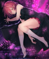 Rule 34 | 1girl, absurdres, bare shoulders, black dress, breasts, bug, butterfly, closed mouth, dress, hair between eyes, highres, insect, leyu, looking at viewer, lucid (maplestory), lying, maplestory, medium breasts, on side, pink eyes, pink hair, pointy ears, short hair, signature, socks, solo, white socks