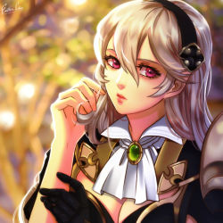 Rule 34 | 1girl, armor, black armor, blurry, blurry background, breasts, brooch, cleavage, corrin (female) (fire emblem), corrin (female) (nohr noble) (fire emblem), corrin (fire emblem), esther shen, fire emblem, fire emblem fates, gloves, hair between eyes, hairband, hand in own hair, jewelry, lips, long hair, medium breasts, nintendo, pink eyes, pointy ears, portrait, signature, silver hair, single glove, solo