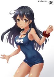 Rule 34 | 10s, 1girl, :o, ahoge, alternate costume, artist name, bad id, bad twitter id, bare arms, bare shoulders, black hair, blue one-piece swimsuit, blush, breasts, brown eyes, cleavage, collarbone, covered navel, cowboy shot, dark-skinned female, dark skin, kantai collection, long hair, looking at viewer, medium breasts, name tag, one-piece swimsuit, one-piece tan, open mouth, sakiyamama, scrunchie, shiny skin, simple background, solo, standing, swimsuit, tan, tanline, ushio (kancolle), white background, wrist scrunchie