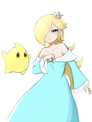 Rule 34 | 1girl, aqua dress, bare shoulders, blonde hair, blue eyes, blush, breasts, cleavage, closed mouth, collarbone, commentary, dress, eyelashes, frilled sleeves, frills, gem, glint, hair over one eye, hand on own hip, highres, long hair, long sleeves, looking at viewer, luma (mario), mario (series), medium breasts, nintendo, off-shoulder dress, off shoulder, one eye covered, parted bangs, rosalina, sidelocks, simple background, smile, solo, star (symbol), super mario galaxy, swept bangs, tomatomiya, upper body, white background, yellow gemstone