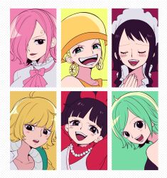 Rule 34 | 6+girls, baby 5, black eyes, black hair, blonde hair, blunt bangs, blush, bow, bowtie, camie (one piece), charlotte flampe, closed eyes, collar, curly hair, earrings, food-themed earrings, food themed earrings, frilled collar, frills, green eyes, green hair, hat, highres, jewelry, lemon earrings, long hair, looking at viewer, maid headdress, marguerite (one piece), miss valentine, multicolored background, multiple girls, necklace, one piece, open mouth, orange hat, pearl necklace, pink bow, pink bowtie, pink hair, red shirt, shin yama3, shirt, short hair, sidelocks, smile, upper body, vinsmoke reiju