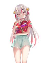 Rule 34 | 1girl, absurdres, bell, blush, closed mouth, collared shirt, cowboy shot, double bun, finger to mouth, gradient hair, green shorts, hair bell, hair bun, hair ornament, hawaiian shirt, highres, hololive, horns, legs apart, long hair, looking at viewer, multicolored hair, nakiri ayame, open collar, red eyes, red hair, red shirt, shirt, short sleeves, shorts, sidelocks, simple background, smile, solo, straight hair, terra bose, thighs, virtual youtuber, white background, white hair