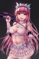 Rule 34 | 1girl, breasts, cleavage cutout, clothing cutout, elbow gloves, fate/grand order, fate (series), frilled skirt, frilled sleeves, frills, gloves, groin, happy, highres, holding, holding riding crop, holding whip, kimo como, layered gloves, long hair, looking at viewer, medb (fate), navel, open mouth, pink hair, prostate massager, riding crop, skirt, solo, tiara, whip, white gloves, white skirt, yellow eyes