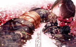 Rule 34 | 1girl, atha (leejuiping), black hair, cherry blossoms, closed eyes, flower, half-closed eyes, highres, japanese clothes, kimono, lying, md5 mismatch, obi, on back, original, parted lips, petals, sash, short hair, solo, wide sleeves