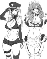 Rule 34 | 2girls, apron, bad id, bad pixiv id, blush, breasts, cleavage, curvy, elbow gloves, garter straps, gloves, greyscale, hat, hohehohe, huge breasts, long hair, looking at viewer, maid, maid apron, maid headdress, monochrome, multiple girls, navel, original, parted lips, shorts, simple background, smile, standing, thighhighs, white background, wide hips, wrist cuffs