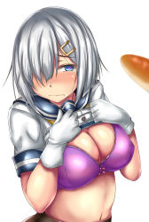 Rule 34 | 1girl, bad id, bad pixiv id, blue eyes, blush, bow, bra, bread, breasts, cleavage, food, gloves, hair ornament, hair over one eye, hairclip, hamakaze (kancolle), heart, heart-shaped pupils, highres, kantai collection, large breasts, lifted by self, neckerchief, pantyhose, penis awe, pink bow, pink bra, school uniform, serafuku, short hair, silver hair, solo focus, symbol-shaped pupils, terakoya, underwear, white background, white gloves, yellow neckerchief