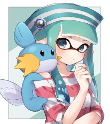 Rule 34 | 1girl, aqua hair, black border, blunt bangs, blunt ends, blush, border, closed mouth, company connection, creatures (company), dixie cup hat, game freak, gen 3 pokemon, green eyes, green hair, green headwear, hat, hat ornament, highres, inkling, inkling girl, inkling player character, long sleeves, looking at viewer, mask, medium hair, military hat, mudkip, nintendo, off shoulder, on shoulder, pointy ears, pokemon, pokemon (creature), pokemon on shoulder, red shirt, shirt, striped clothes, striped headwear, striped shirt, tentacle hair, upper body, yuzutouhu ika