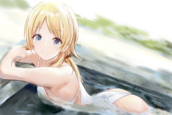 Rule 34 | 1girl, ass, bare arms, blonde hair, blue eyes, blurry, blurry background, hachimiya meguru, hair tie, idolmaster, idolmaster shiny colors, in water, light blush, long hair, looking at viewer, lying, nannacy7, on stomach, one-piece swimsuit, outdoors, pool, smile, solo, swimsuit, twintails, water, white one-piece swimsuit