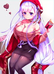 Rule 34 | 1girl, alternate hair color, azur lane, bare shoulders, belfast (azur lane), belfast (shopping with the head maid) (azur lane), black pantyhose, black skirt, breasts, choker, cleavage, collarbone, commentary request, earrings, food, hat, heart, highres, holding, jewelry, kyarameru76, large breasts, long hair, long sleeves, looking at viewer, miniskirt, nail polish, object on breast, off-shoulder sweater, off shoulder, official alternate costume, pantyhose, pocky, purple eyes, purple hair, sidelocks, signature, simple background, sitting, skirt, smile, solo, sweater