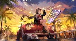Rule 34 | 1girl, :d, absurdres, ahoge, arm up, backlighting, bag, bare legs, black footwear, black jacket, boombox, boots, brown hair, cable, can, car, cloud, collar, convertible, crop top, drink can, english text, eyewear on head, floating hair, gradient sky, highres, jacket, knee boots, lens flare, long hair, long sleeves, looking away, looking up, low ponytail, midriff, miniskirt, motor vehicle, nail polish, neon lights, off shoulder, on vehicle, open clothes, open jacket, open mouth, outdoors, palm tree, radio, red eyes, red nails, red skirt, road, sidelocks, single bare shoulder, sitting, skirt, sky, sleeves past wrists, smile, soda can, solo, street, sunglasses, sunset, tree, twitter username, very long hair, vocaloid, vsinger, wind, yellow sky, yolanda, yuezheng ling