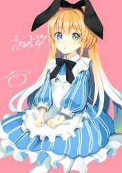 Rule 34 | 1girl, :o, ameshizuku natsuki, apron, black hairband, black ribbon, blonde hair, blue dress, blue eyes, blush, commentary request, dress, feet out of frame, frilled apron, frills, green eyes, hair between eyes, hair ribbon, hairband, heterochromia, long hair, long sleeves, looking at viewer, original, pantyhose, parted lips, pink background, puffy long sleeves, puffy sleeves, ribbon, simple background, sitting, solo, striped clothes, striped dress, translation request, vertical-striped clothes, vertical-striped dress, very long hair, white apron, white pantyhose