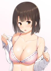 Rule 34 | 1girl, :o, blouse, blush, bra, breasts, brown eyes, brown hair, cleavage, gradient background, katou megumi, large breasts, long sleeves, looking at viewer, mikazuchi zeus, navel, off shoulder, open mouth, pink background, ribbon-trimmed bra, saenai heroine no sodatekata, shirt, short hair, simple background, solo, underwear, undressing, upper body, white shirt