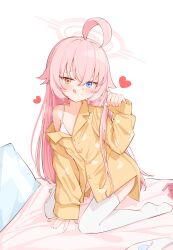 Rule 34 | 1girl, absurdres, ahoge, blue archive, blue eyes, halo, heart, heterochromia, highres, hoshino (blue archive), licking lips, lpleader, off shoulder, pajamas, pink hair, solo, thighhighs, tongue, tongue out, white thighhighs, yellow eyes