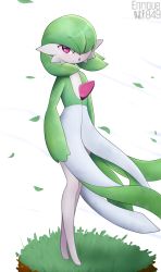 Rule 34 | 1girl, absurdres, arms at sides, artist name, blush, bob cut, colored skin, creatures (company), enrique849, falling leaves, female focus, flat chest, full body, game freak, gardevoir, gen 3 pokemon, grass, green hair, green skin, hair over one eye, highres, leaf, light blush, looking at viewer, multicolored skin, nintendo, nose blush, one eye covered, open mouth, outdoors, pokemon, pokemon (creature), red eyes, short hair, simple background, solo, standing, two-tone skin, watermark, white background, white skin, wind