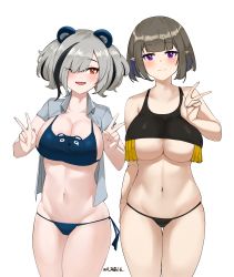 Rule 34 | 2girls, ;d, animal ears, arknights, bare arms, bare shoulders, bikini, black hair, blue bikini, breasts, chinese commentary, cleavage, commentary request, cowboy shot, double v, eunectes (arknights), feater (arknights), grey shirt, groin, hair over one eye, highres, large breasts, looking at viewer, mr.zhuo, multicolored hair, multiple girls, navel, one eye closed, open clothes, open mouth, open shirt, panda ears, partial commentary, pointy ears, purple eyes, red eyes, shirt, short hair, short sleeves, side-tie bikini bottom, silver hair, simple background, smile, sports bra, standing, stomach, streaked hair, swimsuit, thighs, twintails, underboob, v, w, white background