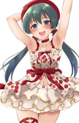Rule 34 | 1girl, armpits, arms up, beret, breasts, cherry hat ornament, cherry print, choker, collarbone, cowboy shot, dress, food print, green hair, hair between eyes, hair ribbon, hand on own head, hat, head tilt, highres, idoly pride, layered clothes, layered skirt, legs together, long bangs, low twintails, navel, okuyama sumire, petticoat, pleated skirt, plum (arch), print dress, raised eyebrows, red choker, red hat, red ribbon, ribbon, sidelocks, simple background, skirt, sleeveless, sleeveless dress, small breasts, solo, stomach, straight-on, sweat, thick thighs, thigh strap, thighs, twintails, white background, white dress, white skirt