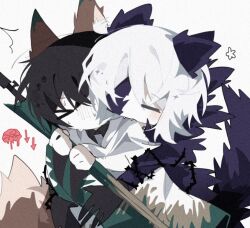 Rule 34 | &gt; &lt;, 1boy, 1girl, animal ears, barbed wire, biting, black hair, blush, claws, closed mouth, coat, e.g.o (project moon), fangs, faust (project moon), fox boy, fox ears, fox tail, hood, hood down, lemonail, limbus company, long sleeves, project moon, purple coat, simple background, sweat, tail, upper body, white background, white coat, wolf boy, wolf ears, wolf tail, yi sang (project moon)