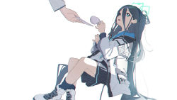 Rule 34 | 1girl, 1other, absurdly long hair, aris (blue archive), black skirt, blue archive, blue eyes, blue hair, blue necktie, collared shirt, crossed legs, dark blue hair, hair spread out, halo, highres, invisible chair, jacket, long hair, looking at another, necktie, open clothes, open jacket, shirt, shoes, simple background, sitting, skirt, smile, sneakers, socks, solo focus, tea, very long hair, white background, yakumo crack