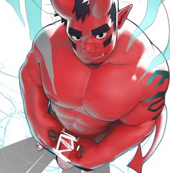 Rule 34 | 1boy, abs, arm hair, bara, black hair, bulge, colored skin, demon boy, demon horns, demon tail, demon wings, erection, erection under clothes, facial hair, fangs, from above, full body, goatee, highres, horns, large pectorals, male focus, male pubic hair, male underwear, male underwear pull, mature male, muscular, muscular male, navel, nipples, original, pectorals, penis, penis peek, pointy ears, pubic hair, pulling own clothes, red skin, seductive smile, shadow, short hair, smile, smirk, solo, stomach, stubble, tail, taka (takahiro si), thick eyebrows, underwear, undressing, wings