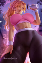 Rule 34 | 1girl, bleach, blonde hair, blue eyes, bottle, breasts, commentary, english commentary, eyes visible through hair, from below, gluteal fold, large breasts, lips, long hair, looking at viewer, matsumoto rangiku, mole, mole under mouth, navel, olchas, open mouth, palm tree, pants, solo, sports bra, sunset, sweat, sweatdrop, tight clothes, tight pants, tree, water bottle, watermark