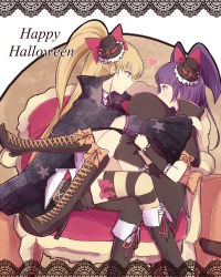 Rule 34 | 2girls, asahina mirai, asymmetrical legwear, black cape, black capelet, black footwear, black headwear, black shorts, black sleeves, blonde hair, boots, bow, cape, capelet, cure magical, cure miracle, detached sleeves, eye contact, footwear bow, from side, hair bow, happy halloween, hat, heart, high heel boots, high heels, holding, izayoi liko, knee boots, long hair, long sleeves, looking at another, mahou girls precure!, mini hat, multiple girls, naoto (96neko96), orange bow, pantyhose, pantyhose under shorts, precure, purple eyes, purple hair, red bow, red ribbon, ribbon, shoes, short shorts, short sleeves, shorts, side ponytail, sitting, striped clothes, striped legwear, striped pantyhose, sweatdrop, twintails, uneven legwear, very long hair