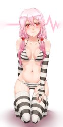 Rule 34 | 10s, 1girl, bare shoulders, bikini, blush, breasts, bridal gauntlets, cleavage, elbow gloves, fingerless gloves, gloves, guilty crown, hair ornament, heart, heart-shaped pupils, highres, long hair, looking at viewer, navel, pink hair, red eyes, solo, striped bikini, striped clothes, striped gloves, striped thighhighs, swimsuit, symbol-shaped pupils, thighhighs, twintails, twrlare, yuzuriha inori
