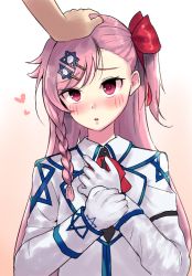 Rule 34 | 1girl, blush, braid, girls&#039; frontline, gloves, gradient background, hair ornament, hair ribbon, hairclip, hand on another&#039;s head, hand on own chest, headpat, heart, hexagram, honi (honix3), long hair, long sleeves, negev (girls&#039; frontline), nose blush, one side up, orange background, parted lips, pink eyes, pink hair, red ribbon, ribbon, solo focus, star of david, uniform, white gloves