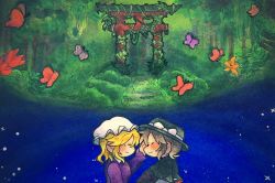 Rule 34 | 2girls, arata 0503, black capelet, black headwear, blonde hair, blush, book, bow, brown hair, bug, bush, butterfly, capelet, chinese commentary, closed eyes, collared dress, commentary request, dress, fedora, flower, forest, hand on another&#039;s face, hat, hat bow, highres, holding, holding book, insect, long sleeves, maribel hearn, marker (medium), mob cap, multiple girls, nature, overgrown, plant, purple dress, ribbon-trimmed capelet, shirt, short hair, smile, space, star (sky), torifune (touhou), torii, touhou, traditional media, upper body, usami renko, vines, white bow, white headwear, white shirt