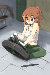 Rule 34 | 1girl, blue eyes, blurry, breasts, charlotte e. yeager, cleavage, covered erect nipples, depth of field, flat tire, gloves, hair up, highres, indian style, jumpsuit, long hair, makaze (t-junction), military, military vehicle, motor vehicle, mouth hold, orange hair, pants, ponytail, shirt, sitting, solo, strike witches, sweat, tank, tank top, taut clothes, taut shirt, tire, vehicle, white gloves, world witches series