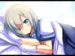 10s 1girl bad_id bad_pixiv_id bed blue_eyes female_focus gloves hair_ornament hair_over_one_eye hairclip hamakaze_(kancolle) kantai_collection letterboxed looking_at_viewer lying on_side school_uniform serafuku shinekalta short_hair silver_hair smile solo