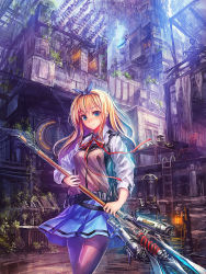 Rule 34 | 1other, 2girls, armor, belt, blonde hair, blue eyes, blue skirt, blush, breasts, broom, broom riding, building, chair, coil, flying, full armor, gun, hair ribbon, highres, holding, ladder, lamp, landscape, lm7 (op-center), long hair, looking at viewer, mechanical broom, medium breasts, multiple girls, nose blush, original, pantyhose, plant, ribbon, rifle, scenery, skirt, smile, soldier, solo focus, weapon