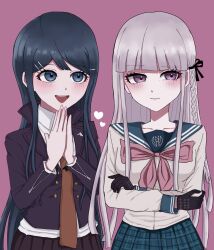 Rule 34 | 2girls, :d, black gloves, black ribbon, black skirt, blue sailor collar, blunt bangs, blush, bow, bowtie, braid, breasts, brown necktie, cosplay, danganronpa: trigger happy havoc, danganronpa (series), gloves, green eyes, grey hair, hair ornament, hair ribbon, hairclip, haniwaniwa, heart, highres, jacket, kirigiri kyoko, kirigiri kyoko (cosplay), large breasts, long hair, maizono sayaka, maizono sayaka (cosplay), miniskirt, multiple girls, necktie, open clothes, open jacket, open mouth, own hands together, pink background, pink bow, pink bowtie, plaid, plaid skirt, pleated skirt, ribbon, sailor collar, side braid, simple background, skirt, smile, teeth, upper body, upper teeth only