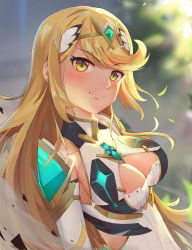 Rule 34 | 1girl, blonde hair, blush, breasts, chest jewel, cleavage, cleavage cutout, clothing cutout, dress, highres, kiiro kimi, long hair, looking at viewer, medium breasts, mythra (xenoblade), solo, swept bangs, tiara, upper body, very long hair, white dress, xenoblade chronicles (series), xenoblade chronicles 2, yellow eyes
