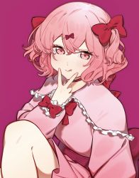 Rule 34 | 1girl, :q, absurdres, belt, bow, choker, crossed bangs, curly hair, dress, finger to own chin, frilled shirt collar, frills, hair between eyes, hair bow, hair ornament, hairclip, highres, indie utaite, knee up, licking lips, looking at viewer, medium hair, nail polish, niconico, nqrse, nyannyan 321, pink dress, pink eyes, pink nails, purple background, purple belt, red bow, red choker, simple background, sleeve bow, solo, tongue, tongue out, utaite, v
