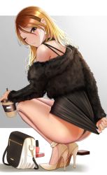 Rule 34 | 1girl, ;/, ass, bag, bare legs, black dress, black eyes, black panties, blonde hair, blush, closed mouth, commentary request, cosmetics, cup, dark-skinned female, dark skin, disposable cup, dress, earrings, from behind, full body, handbag, high heels, highres, holding, holding cup, idolmaster, idolmaster shiny colors, izumi mei, jewelry, lipstick tube, long hair, long sleeves, looking at viewer, looking back, off-shoulder dress, off shoulder, one eye closed, panties, pantyshot, short dress, solo, squatting, strappy heels, sweat, thighs, thong, turisasu, underwear, yellow footwear
